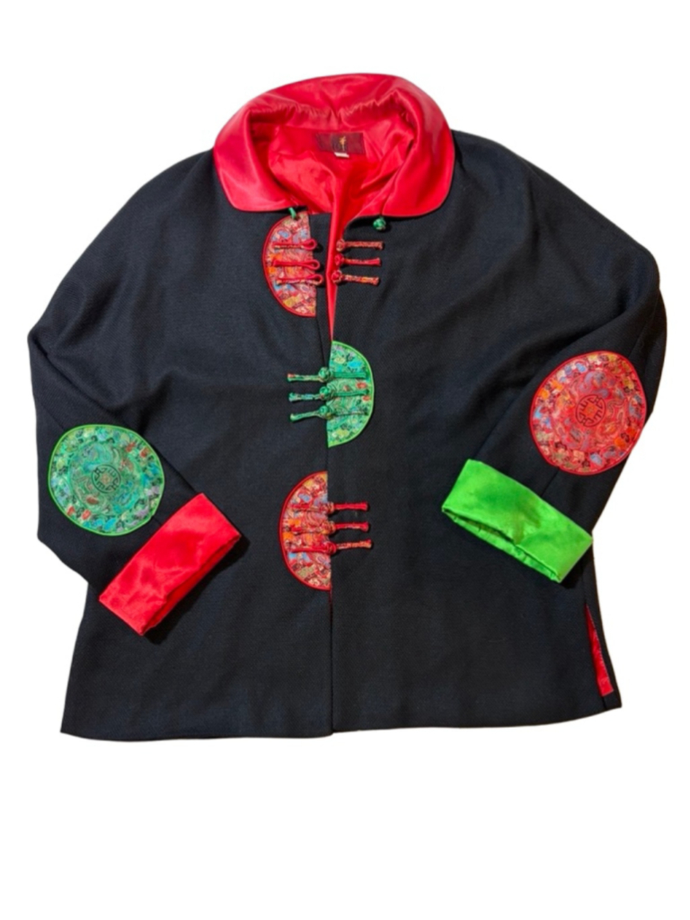 Vintage Chinese Frog Closure Jacket Black Red Satin Brocade Embroidered XXL